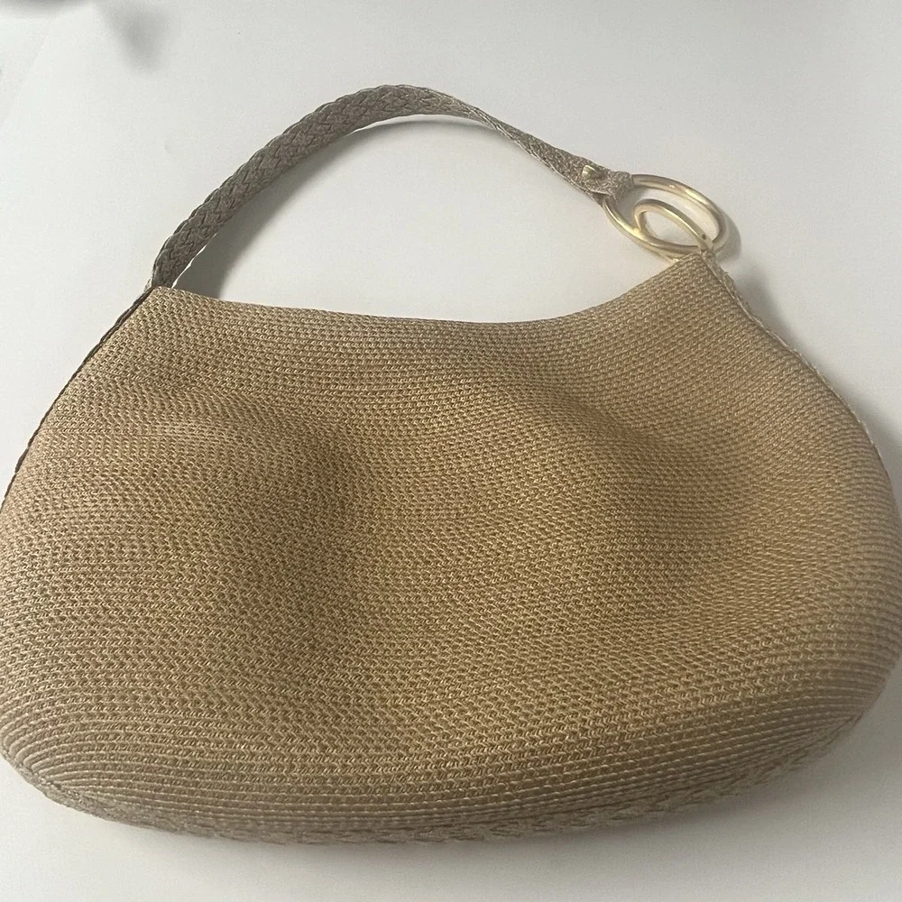 Eric Javits New York Tan Woven Zipper Top Bronze Link‎ Boho Bag Vintage